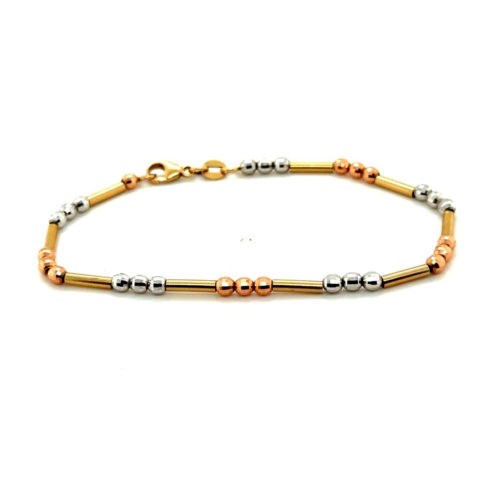 14k Tri Color Gold Bracelet 7 Inch Yellow White Rose Gold Diamond Cut Beads 4.7g